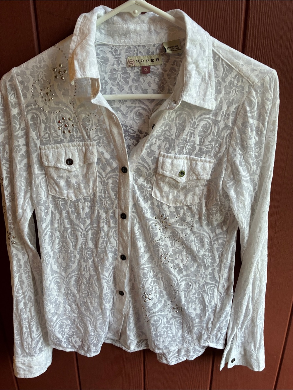 Roper Size XL (14)White Lace Button-Down Shirt with Stud Embellishments